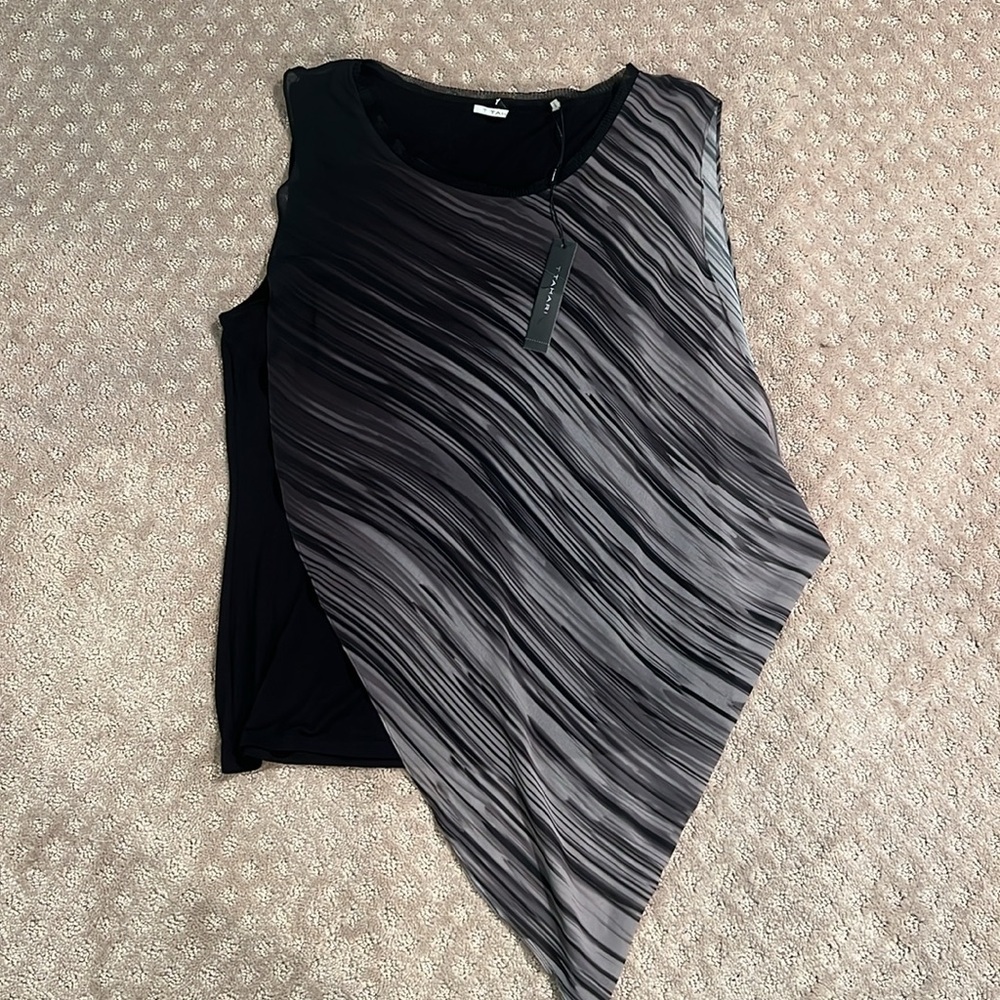 Tahari Black and Gray Asymmetrical Blouse